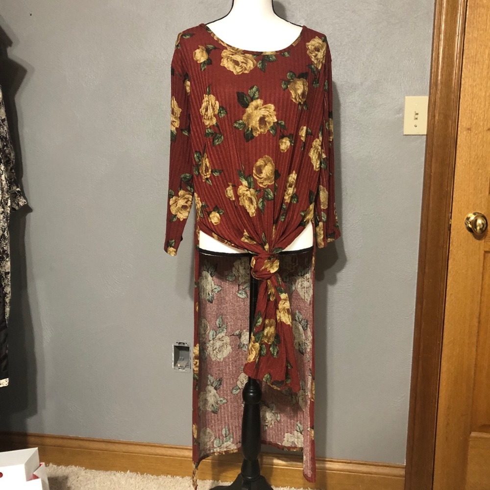 Boho style shirt dress with tie option red floral